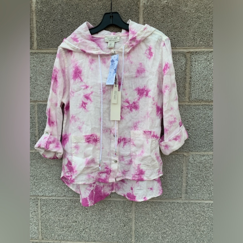NWT Rachel Zoe women’s Small 100% Linen Top Hi-Low Button Down Tie-dye Hooded